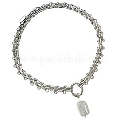 Baroque Natural Keshi Pearl Rectangle Pendant 316L Surgical Stainless Steel Chain Necklaces for Women&nbsp;WG66A9C-02