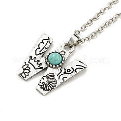 Letter A~Z Antique Silver Plated Alloy with Synthetic Turquoise Pendant Necklaces&nbsp;NJEW-G080-01W
