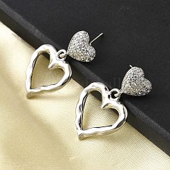 Hollow Heart Brass Micro Pave Clear Cubic Zirconia Dangle Stud Earrings&nbsp;EJEW-Z099-02P-02