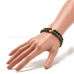 2Pcs 2 Style Natural Serpentine/Green Lace & Lava Rock Round Beaded Stretch Bracelets Set with Column Synthetic Hematite&nbsp;BJEW-JB07575