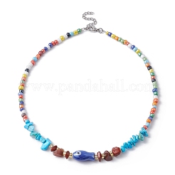Natural Red Jasper & Howlite Chips & Porcelain Fish Beaded Necklace with Alloy Clasps&nbsp;NJEW-JN04367