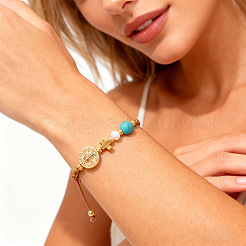 Brass Saint Benedict Medal Cross Synthetic Turquoise Beaded Braided Bracelets&nbsp;FP7792-1