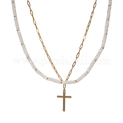 Beach Vacation Style Stainless Steel Religion Cross Pendant Natural White Jade Heishi Beaded Double Layer Necklaces for Women&nbsp;QG1443