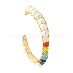 Natural Pearl Bead & Mixed Gemstone Beads Cuff Bangles for Women Girl Gift&nbsp;BJEW-JB06826-03