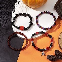 4Pcs Halloween Skull Pumpkin Gemstone Beaded Stretch Bracelets Kit&nbsp;BJEW-TA00483