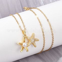 Starfish Brass Micro Pave Cubic Zirconia Pendant Neckalces for Women&nbsp;NJEW-C076-06G