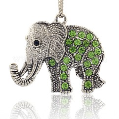 Tibetan Style Alloy Rhinestone Big Pendants, Cadmium Free & Lead Free, Elephant, Antique Silver, Peridot, 43x51x5.5mm, Hole: 3.5mm