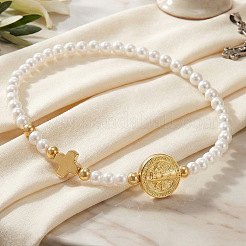 Adjustable White Round Imitation Pearl and Brass Cross Saint Benedict Beaded Bracelets&nbsp;MA5671