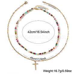 Adjustable Stainless Steel Cross Pendant Faux Pearl and Glass Beaded Double layered Necklaces for Women&nbsp;KF1328