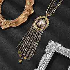 Bohemian 304 Stainless Steel & Imitation Pearl Oval Tassel Pendant Necklaces for Women&nbsp;NJEW-Z061-11G
