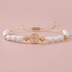 Adjustable Brass Flat Round with Religion Cross & Imitation Pearl Braided Bead Bracelets for Women&nbsp;FT2047