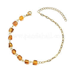 Natural Amber Cube Beads Link Chain & 304 Stainless Steel Paperclip Chain Anklets for Women&nbsp;AJEW-AN00790