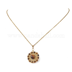 Natural Mixed Stone Faceted Round & Gold Glass Seed Beaded Sun Pendant 304 Stainless Steel Cable Chain Necklaces for Women&nbsp;NJEW-MZ00149