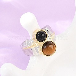 Natural Black Agate & Natural Tiger Eye with Brass Cuff Open Rings&nbsp;RJEW-B163-01GP-02