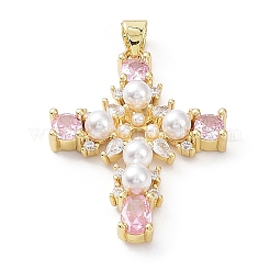 Brass Pave Cubic Zirconia with ABS Plastic Imitation Pearl Pendants&nbsp;KK-G467-01G