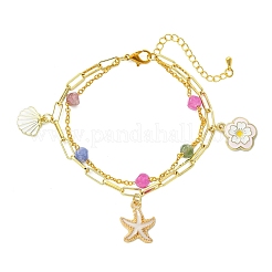 Brass Paperclip Chain & Natural Multicolor Tourmaline Beads Double Layers Bracelets&nbsp;BJEW-JB13851