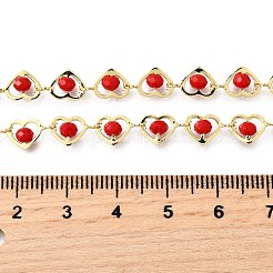 Brass & Red Faceted Glass Heart Link Chain Necklaces for Women&nbsp;NJEW-D314-05G