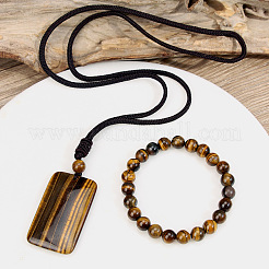 Natural Tiger Eye Round Beads Bracelets & Rectangle Pendant Necklaces Sets for Women&nbsp;WGAB457-01