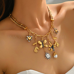 Alloy & Imitation Pearl Sun Butterfly Flower Pendant Bib Necklaces for Women&nbsp;WGA5C74-01