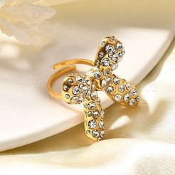 Bowknot 304 Stainless Steel Rhinestone Cuff Rings for Women&nbsp;RJEW-A058-01B-G