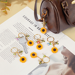 12Pcs 6 Colors Sunflower Resin & Transparent Acrylic & Alloy Enamel Bee Keychains&nbsp;KEYC-MA00008