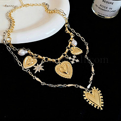 Alloy Rhinestone & Iron Heart Pendant Double Layer Necklaces for Women&nbsp;WG7EE33-01