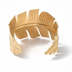 Ion Plating(IP) 304 Stainless Steel Feather Open Cuff Bangle for Women&nbsp;BJEW-F442-01G