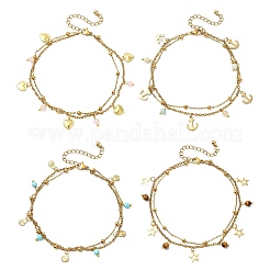 Round Natural Mixed Gemstone & 304 Stainless Steel Charm 2-Strand Anklets for Women&nbsp;AJEW-AN00816
