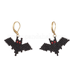 Halloween Theme Bat Handmade Glass Seed Beads Leverback Earrings&nbsp;EJEW-MZ00475