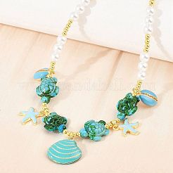 Ocean Brass Enamel Starfish Shell Shape Pendant Round ABS Imitation Pearl Beaded Necklaces&nbsp;KK-CBA4547-04B-G