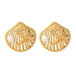 Shell Shape with Starfish 304 Stainless Steel Plastic Imitation Pearl Stud Earrings&nbsp;EJEW-Z109-04G