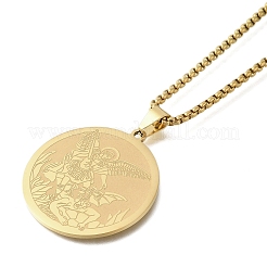 201 Stainless Steel Box Chain Archangel Saint Michael Flat Round Pendant Necklaces&nbsp;NJEW-S003-02G
