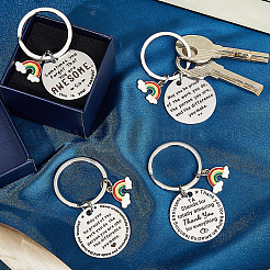 4Pcs 4 Styles  Teacher's Day Stainless Steel Flat Round with Word Pendant Keychain&nbsp;KEYC-GF0001-11