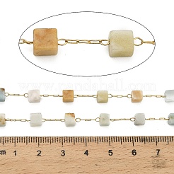 Handmade 304 Stainless Steel Shoushan Stone Beads Cube Link Chains&nbsp;CHS-B011-02G-01