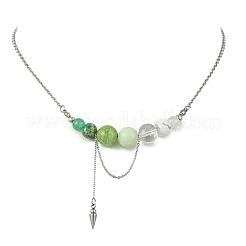 Natural Green Aventurine & Quartz Crystal & Dyed Imperial Jasper & New Jade Round Graduated Beaded Pendant 304 Stainless Steel Cable Chain Necklaces for Women&nbsp;NJEW-TA00242-03