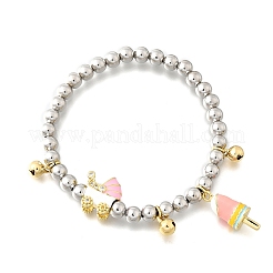 Brass Enamel Round Beads Charm Bracelets for Women&nbsp;BJEW-D317-11A-PG