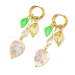 Leaf Natural Freshwater Shell & Teardrop Glass Dangle Earrings&nbsp;EJEW-JE07148