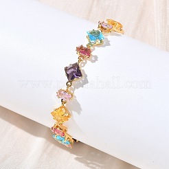 Rectangle Rhombus Brass Glass & Cubic Zirconia Link Bracelets&nbsp;BJEW-D378-01G