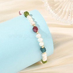 Faceted Cube Natural Multicolor Tourmaline and Pearl Beaded Stretch Bracelets&nbsp;BJEW-JB14471