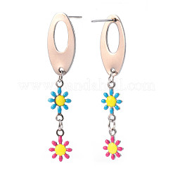 Oval with Flower Enamel Long Dangle Stud Earrings&nbsp;EJEW-N049-05B