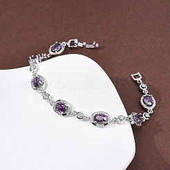 Oval Brass Micro Pave Cubic Zirconia Link Chain Bracelets for Women&nbsp;BJEW-D387-04P