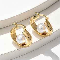 304 Stainless Steel & ABS Plastic Imitation Pearl Huggie Hoop Earrings&nbsp;EJEW-S253-24G