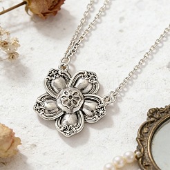 Vintage Alloy 5-Petal Flower Pendant 2-Strand Cable Chain Necklaces for Women&nbsp;WGE0472-01