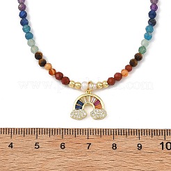 Chakra Brass Micro Pave Cubic Zirconia Colorful Rainbow Pendant Natural Pearl and Natural Mixed Stone Faceted Round Beaded Necklaces for Women&nbsp;NJEW-JN06243