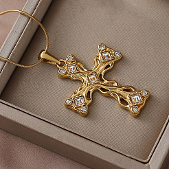 304 Stainless Steel with Clear Glass Hollow Cross Pendant Necklaces&nbsp;ST7241