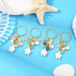 4Pcs 4 Colors Ocean Series Natural White Jade & Lapis Lazuli & Green Aventurine & Synthetic Turquoise & 304 Stainless Steel Starfish Shell Shape Turtle Keychains&nbsp;KEYC-SP00006