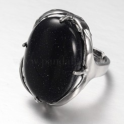 Adjustable Oval Brass Synthetic Blue Synthetic Goldstone Wide Band Rings&nbsp;RJEW-L062-03M