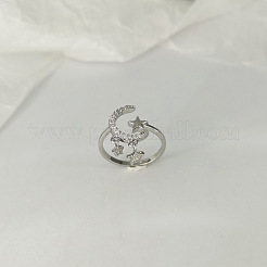 Star & Moon Rhodium Plated 925 Sterling Silver Micro Pave Clear Cubic Zirconia Cuff Rings&nbsp;FS-WGB6FCD-01
