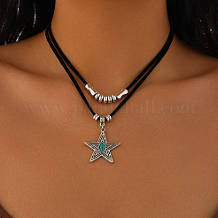 1 Set Alloy Pave Synthetic Turquoise Pendant Double Layer Cord Necklaces&nbsp;NJEW-CL0001-09B