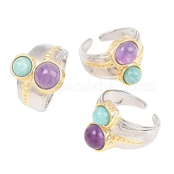 Natural Amethyst & Natural Amazonite with Brass Cuff Open Rings&nbsp;RJEW-B163-01GP-03